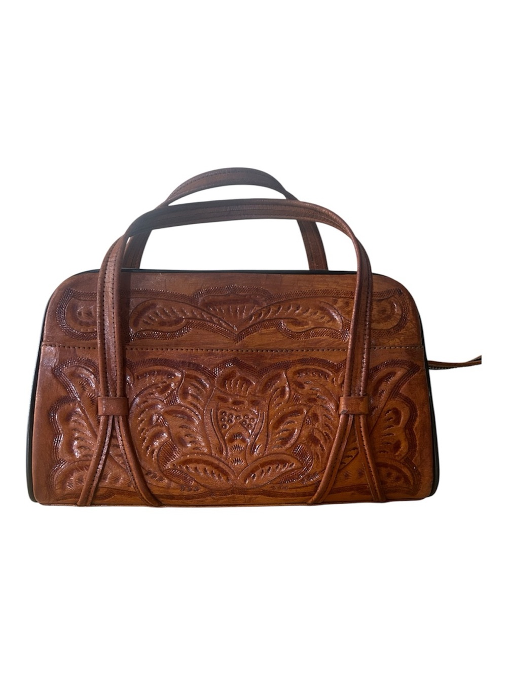 Vintage Mexico Tooled Brown Leather Purse: approx 11” x 6” x 5”